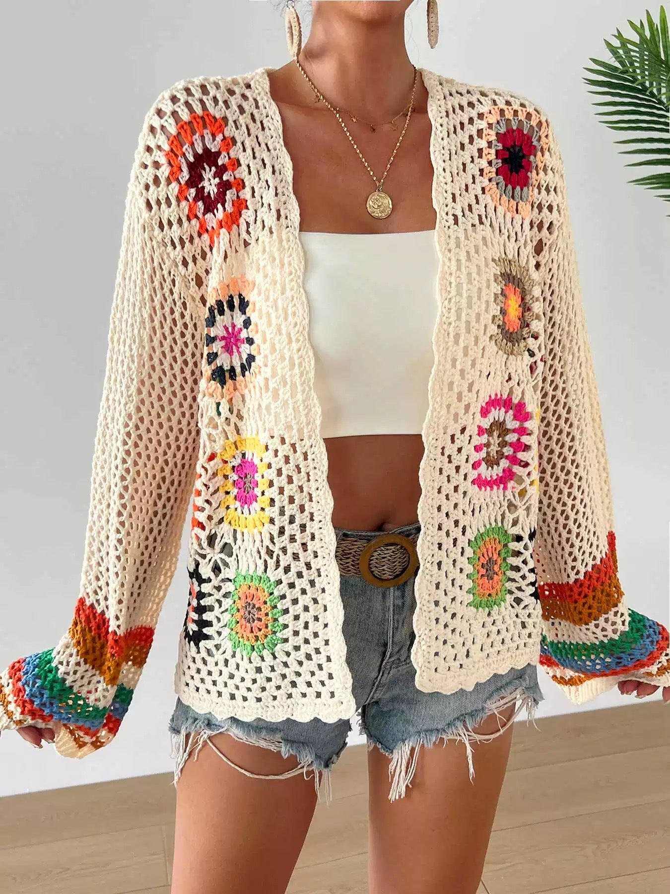 Ethnic Vintage Crochet Rainbow Long Sleeve Cardigan
