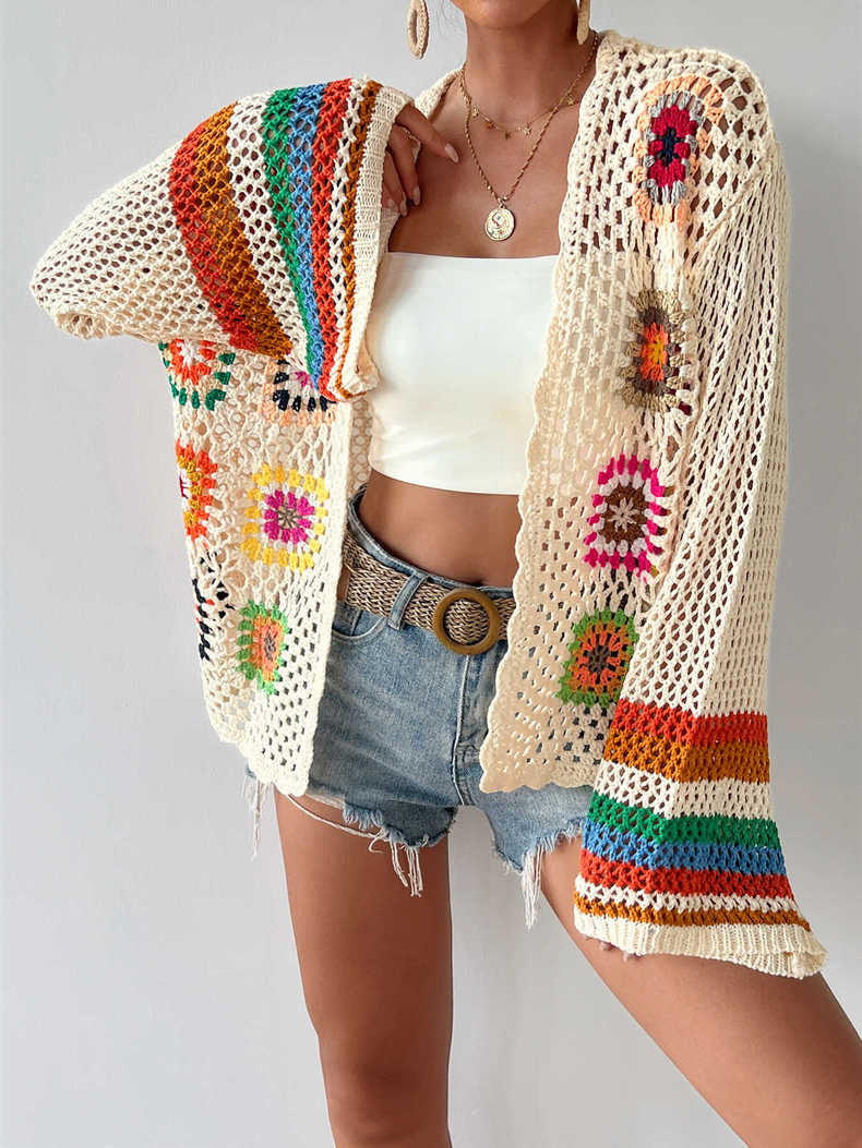 Ethnic Vintage Crochet Rainbow Long Sleeve Cardigan