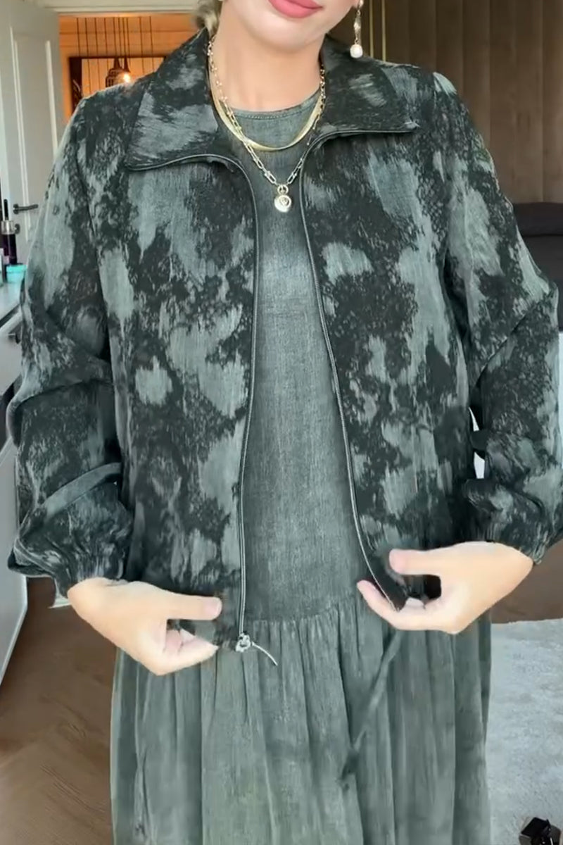 Dark Green Pattern Zipper Jacket