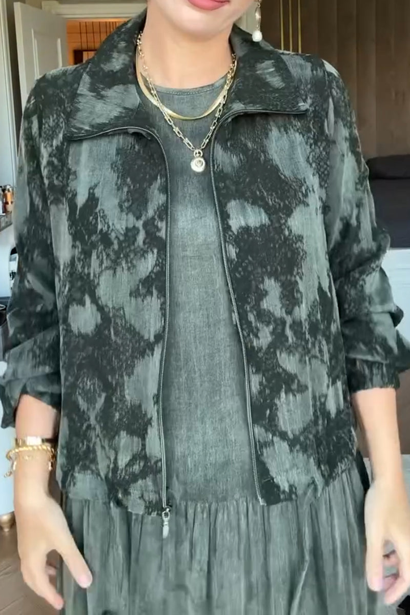Dark Green Pattern Zipper Jacket