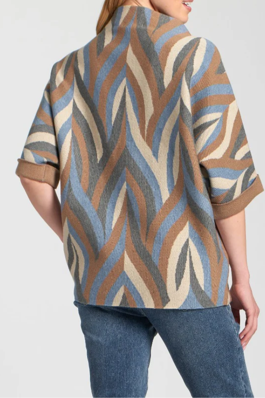 Blue And Brown Mixed Color Pattern Short Sleeve Sweater