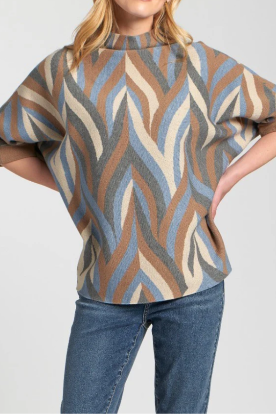 Blue And Brown Mixed Color Pattern Short Sleeve Sweater