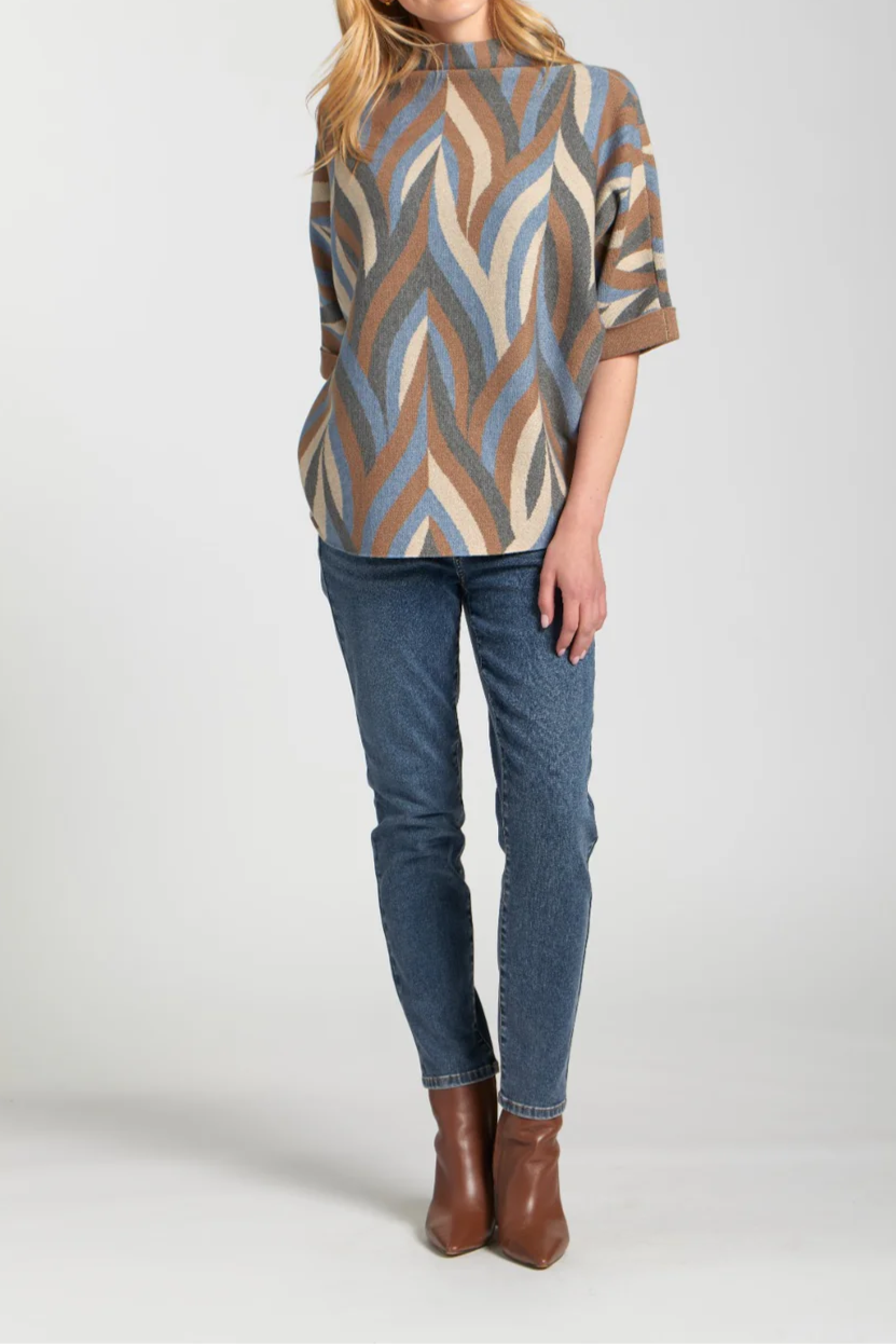 Blue And Brown Mixed Color Pattern Short Sleeve Sweater