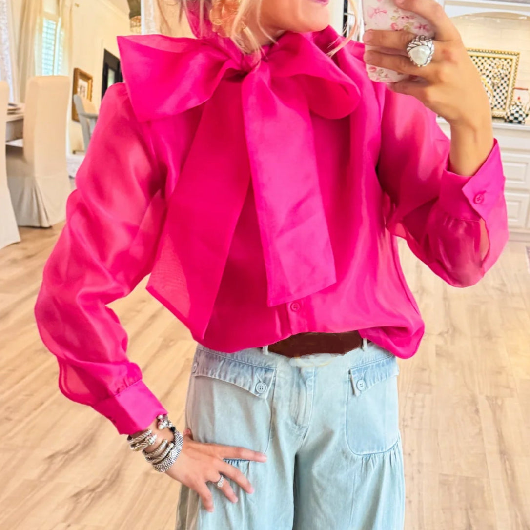 Bow Neckline Long Sleeve Shirt