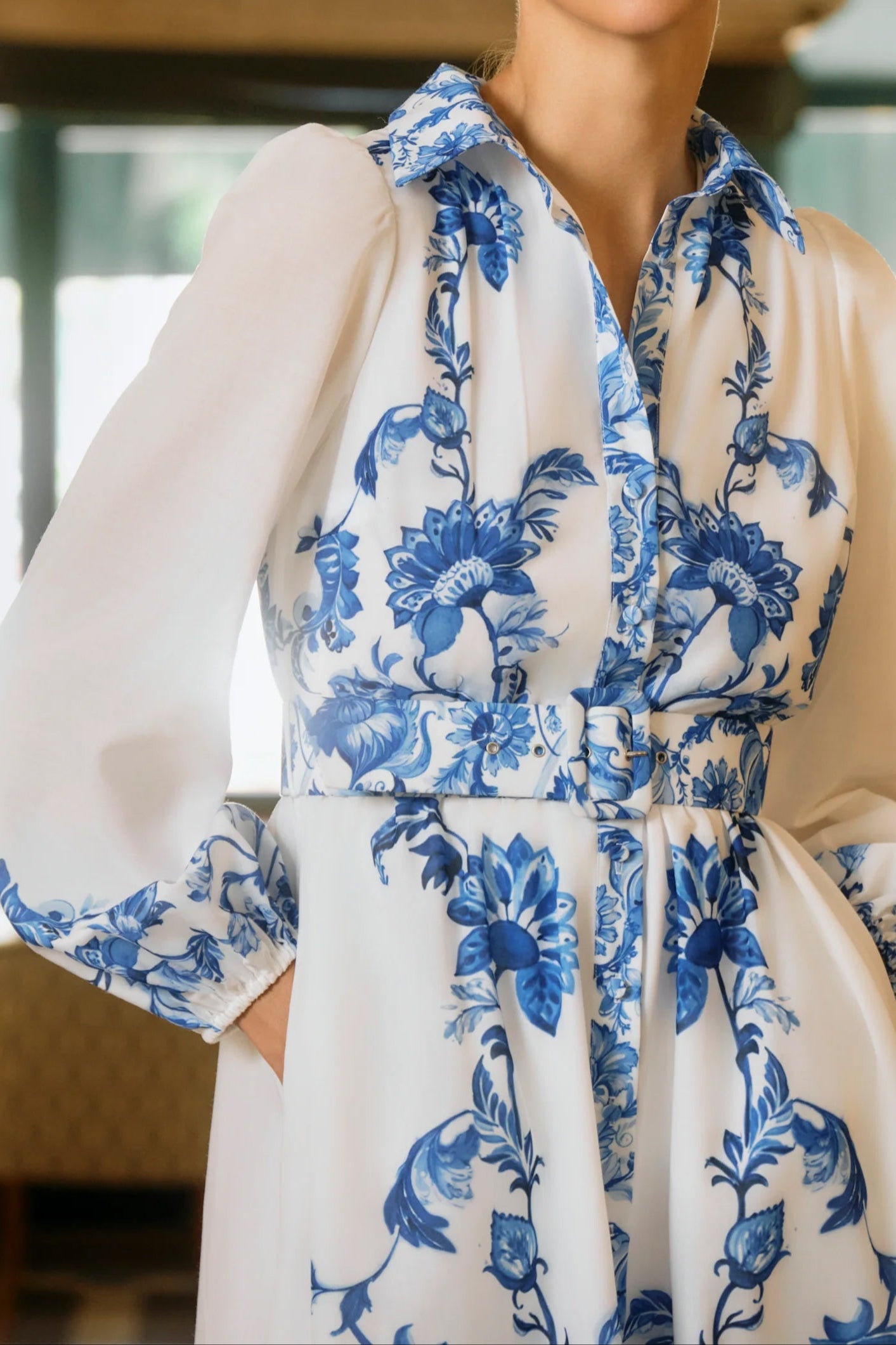 Cyan And Blue Print Shirt Dress