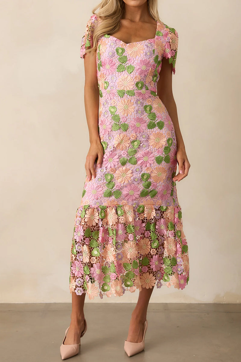 Embroidered Floral Hollow Long Dress