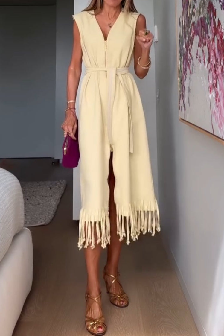 Sleeveless Deep V Fringed Slip Skirt