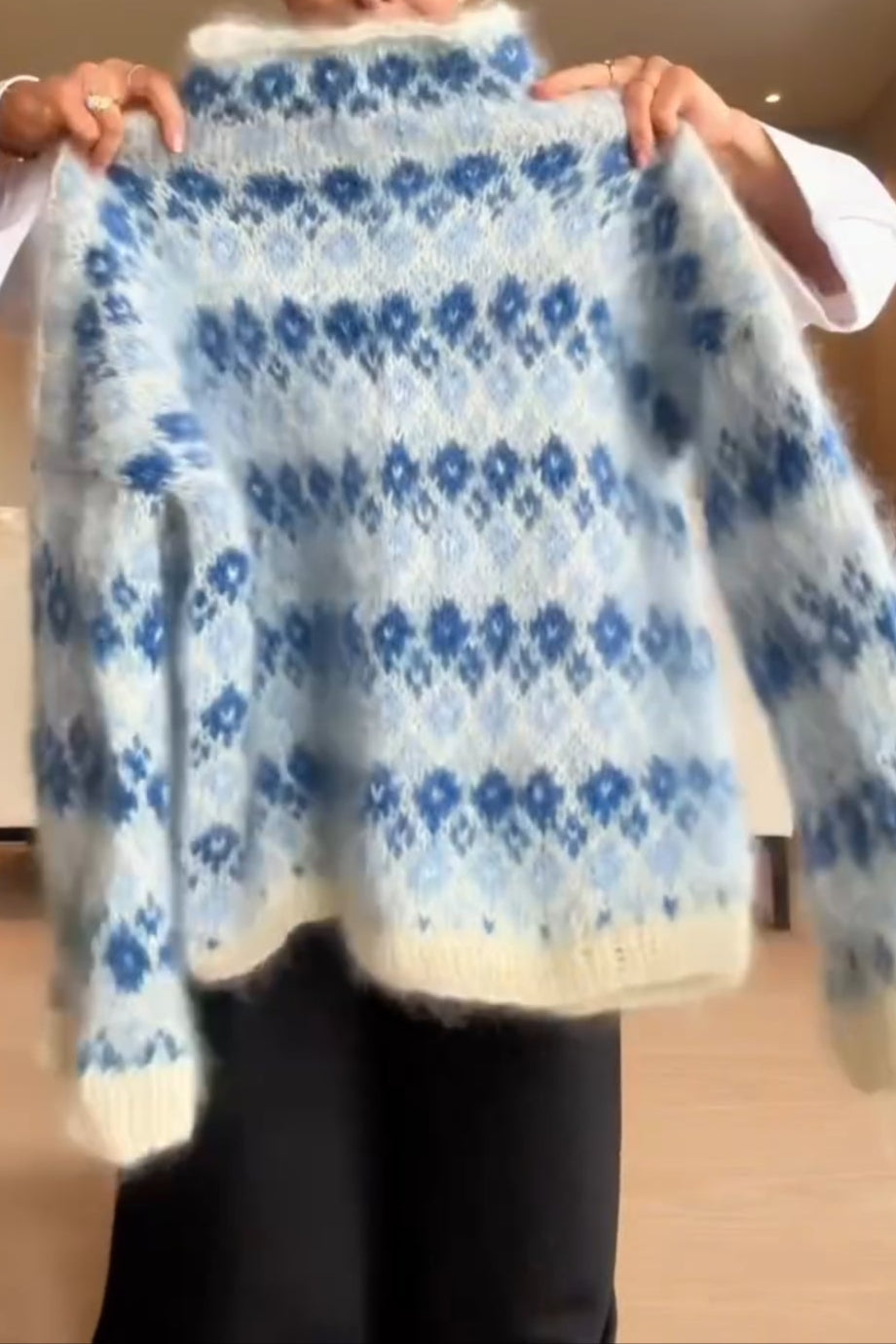 Blue And White Diamond Textured Sweater