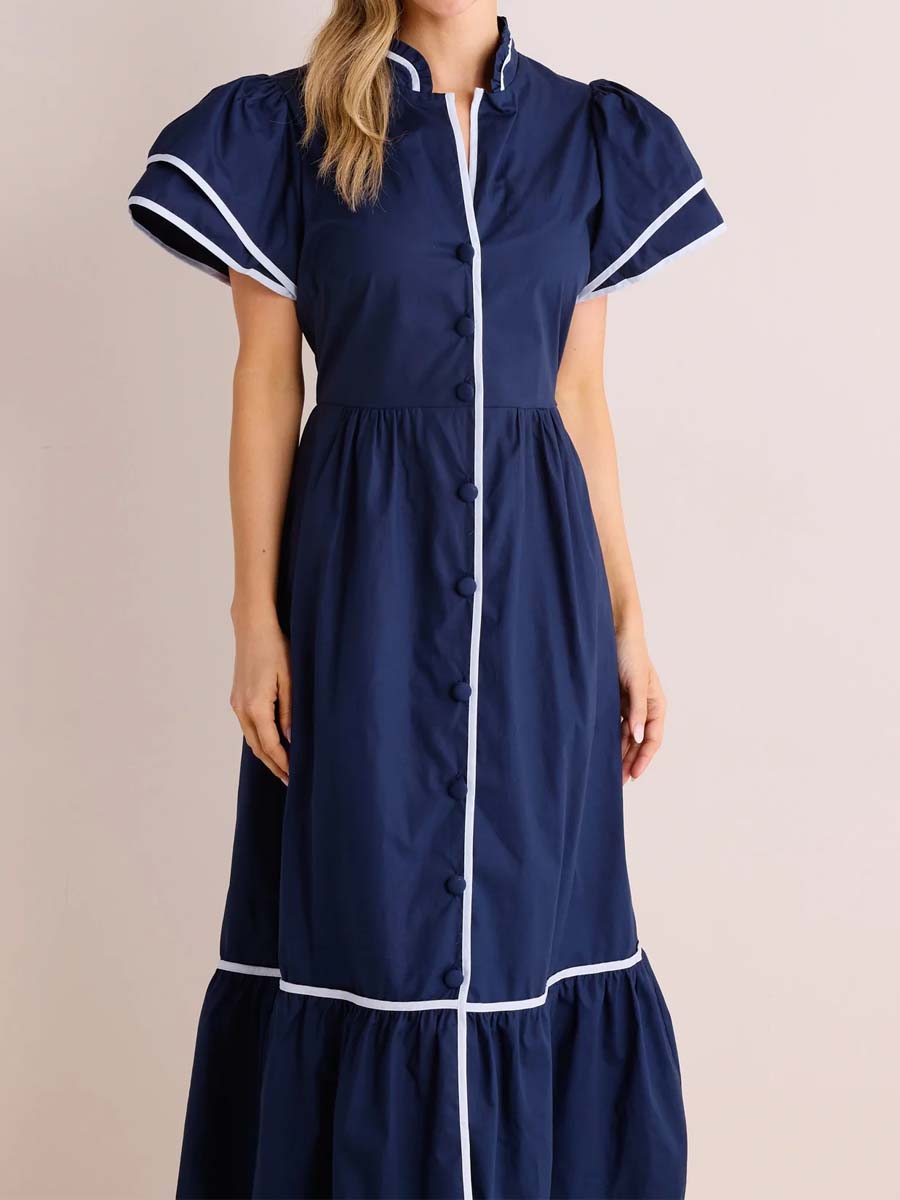 Band Collar Flounced Hem Maxi Dress
