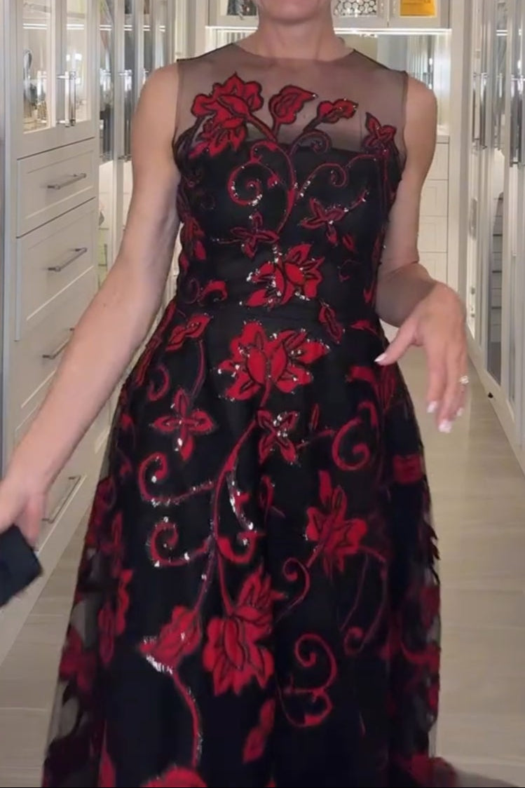Black & Red Floral Embroidered Gown