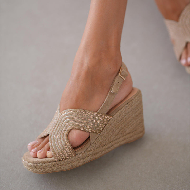 Rhinestone Sparkle Straw Wedge Sandals