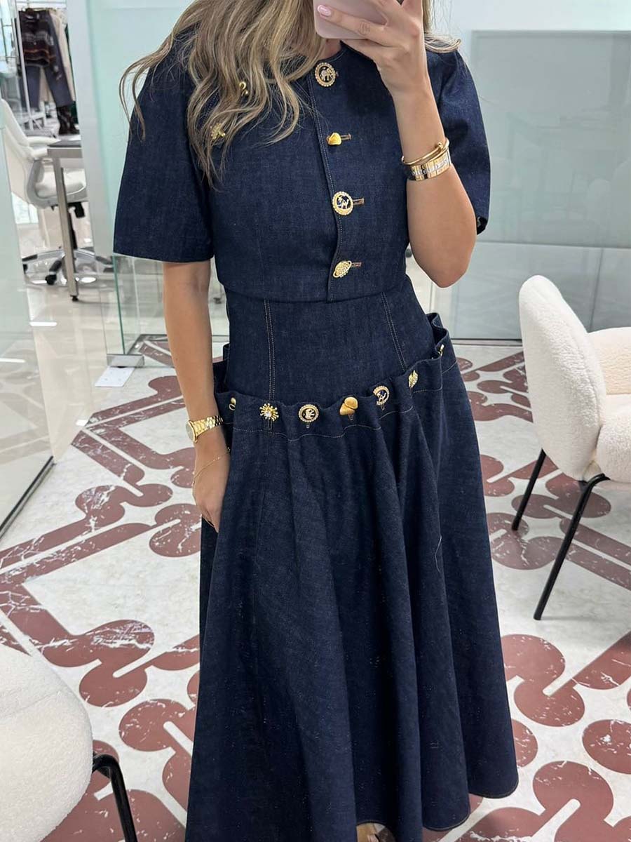 Elegant Metal Button Denim Two Pieces Dress