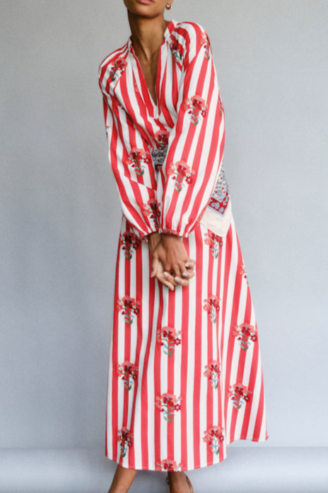 Striped and embroidered long dress with long sleeves