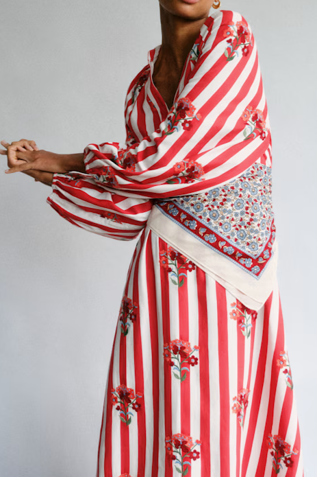 Striped and embroidered long dress with long sleeves