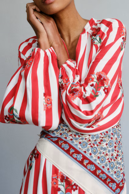 Striped and embroidered long dress with long sleeves
