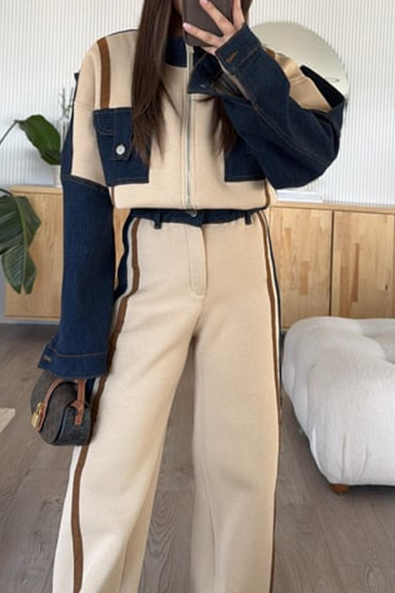 Vintage Loose Stitching Long-sleeved Wide-leg Pants Suit