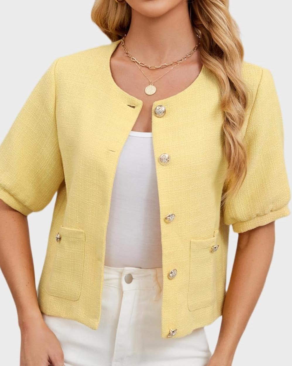 Women's Short Puff Sleeve Tweed Jacket, Summer Short Jacket