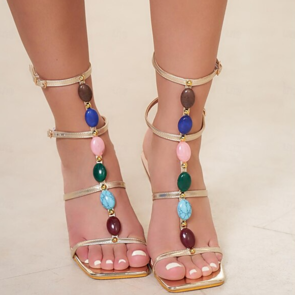 Gemstone Plated Square Heel Sandals