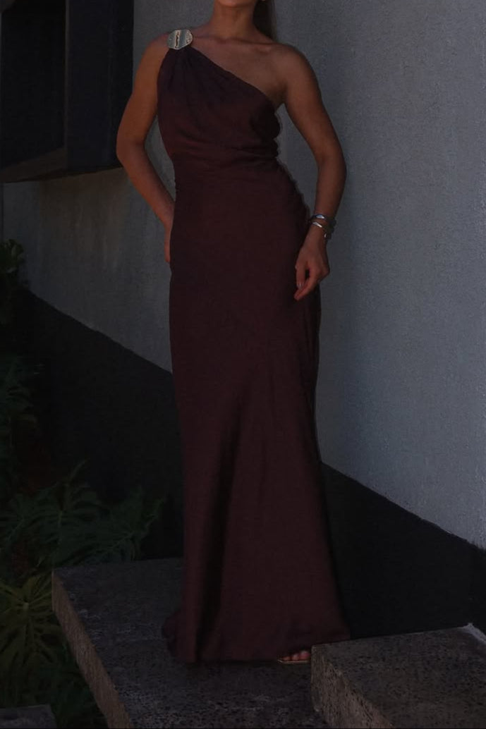 Brown Off-shoulder Round Button Dress