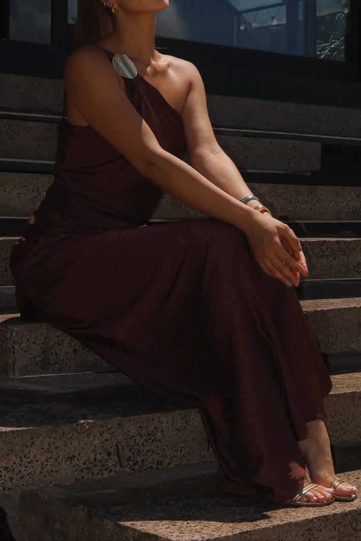 Brown Off-shoulder Round Button Dress