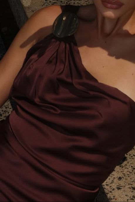 Brown Off-shoulder Round Button Dress