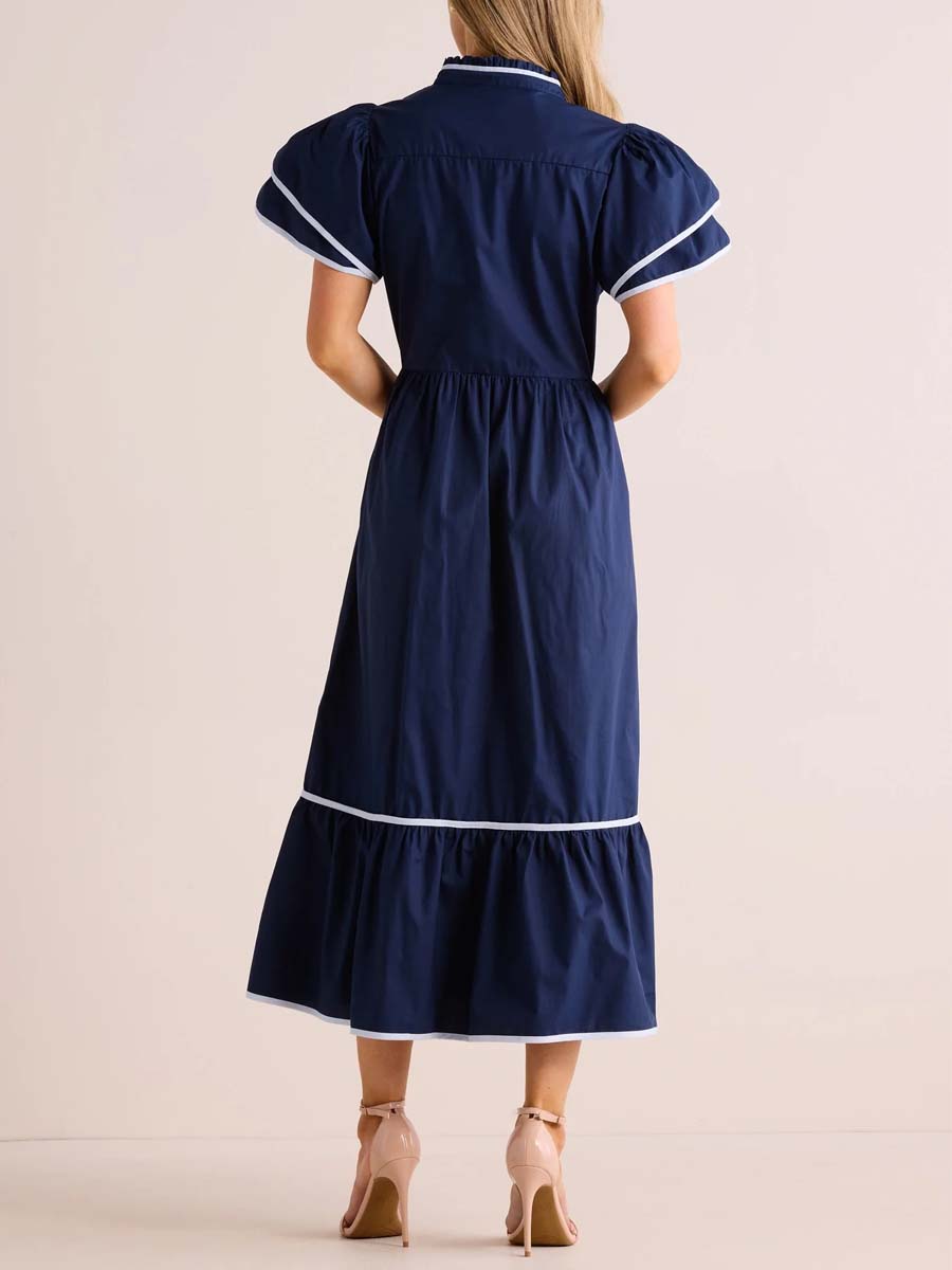 Band Collar Flounced Hem Maxi Dress