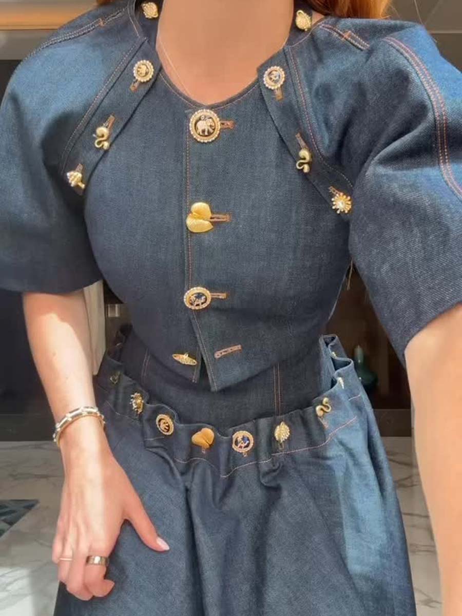 Elegant Metal Button Denim Two Pieces Dress