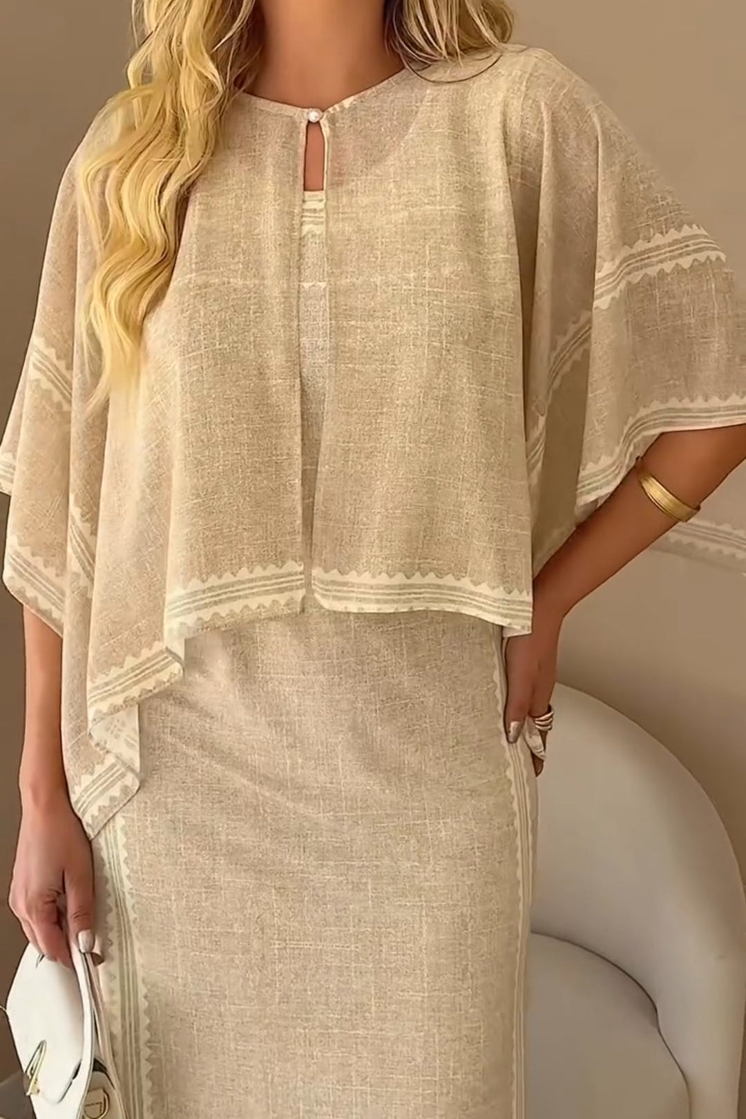 Beige Laminated Shawl Cardigan Dress Two-Piece Set