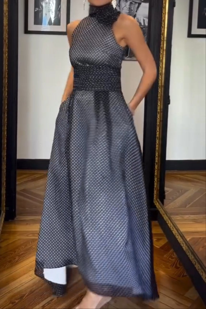 Sleeveless Black-background White-dot Maxi Dress