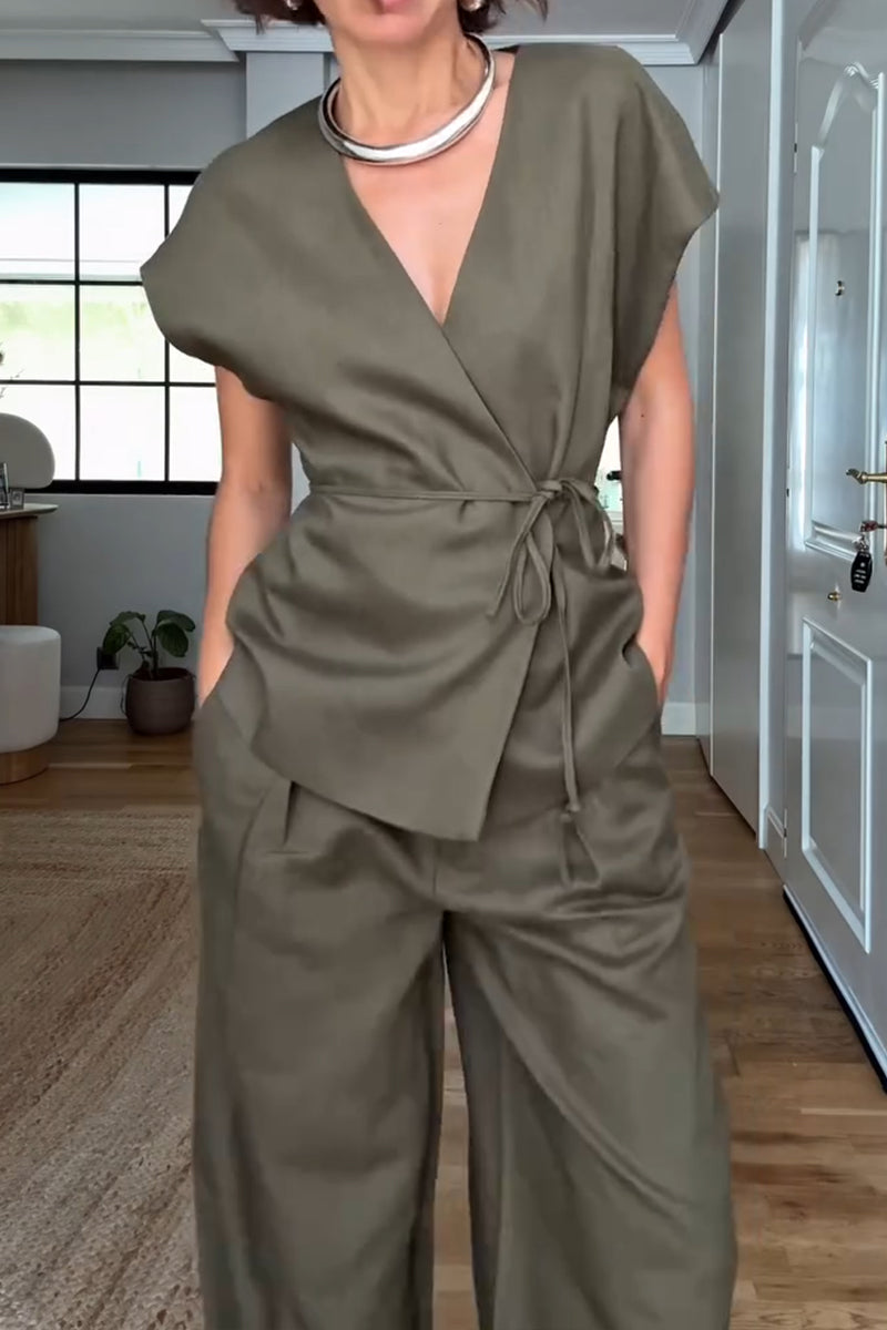 Sleeveless Vest Wide Leg Trousers Suit, Gray-green