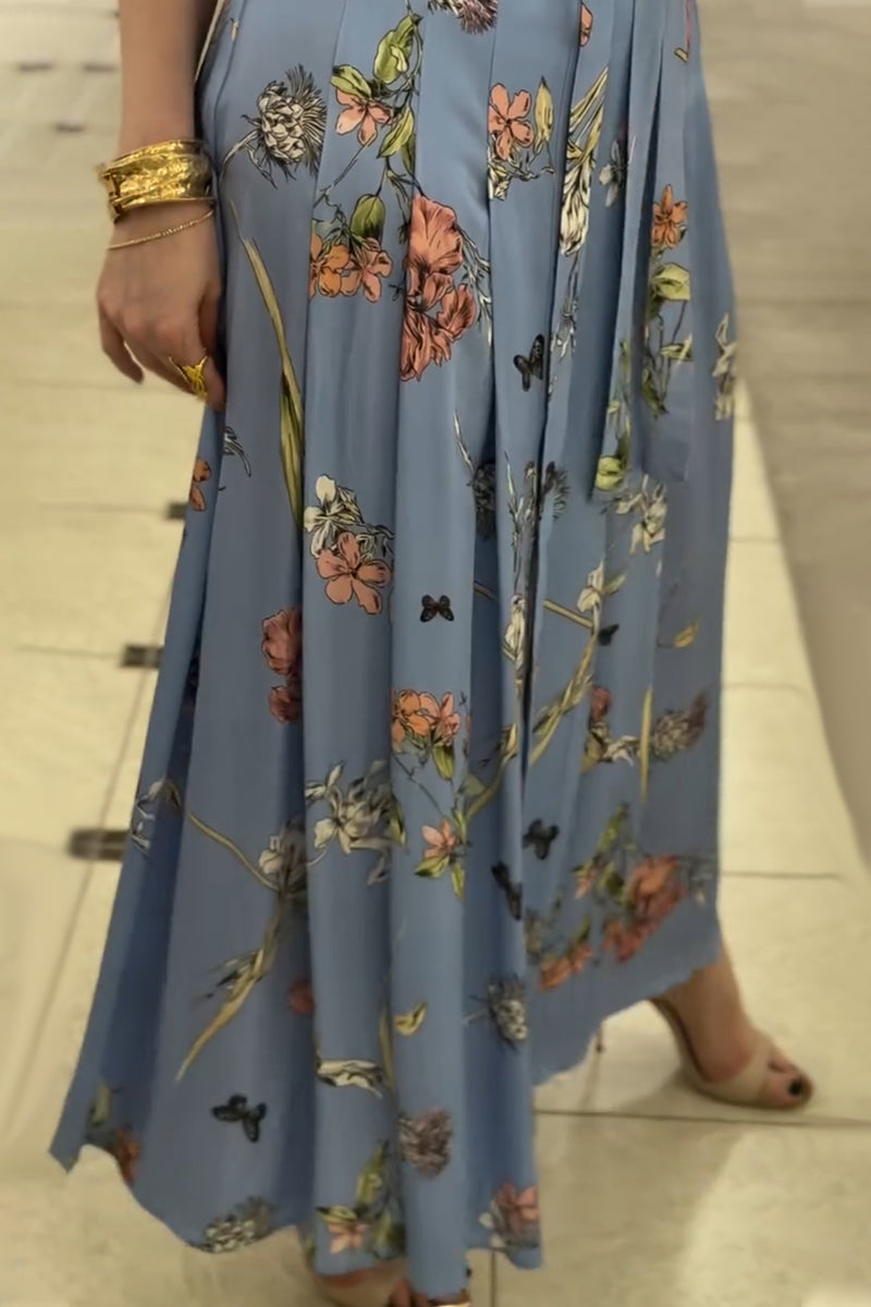Blue Printed Long-Sleeve Shirtdress