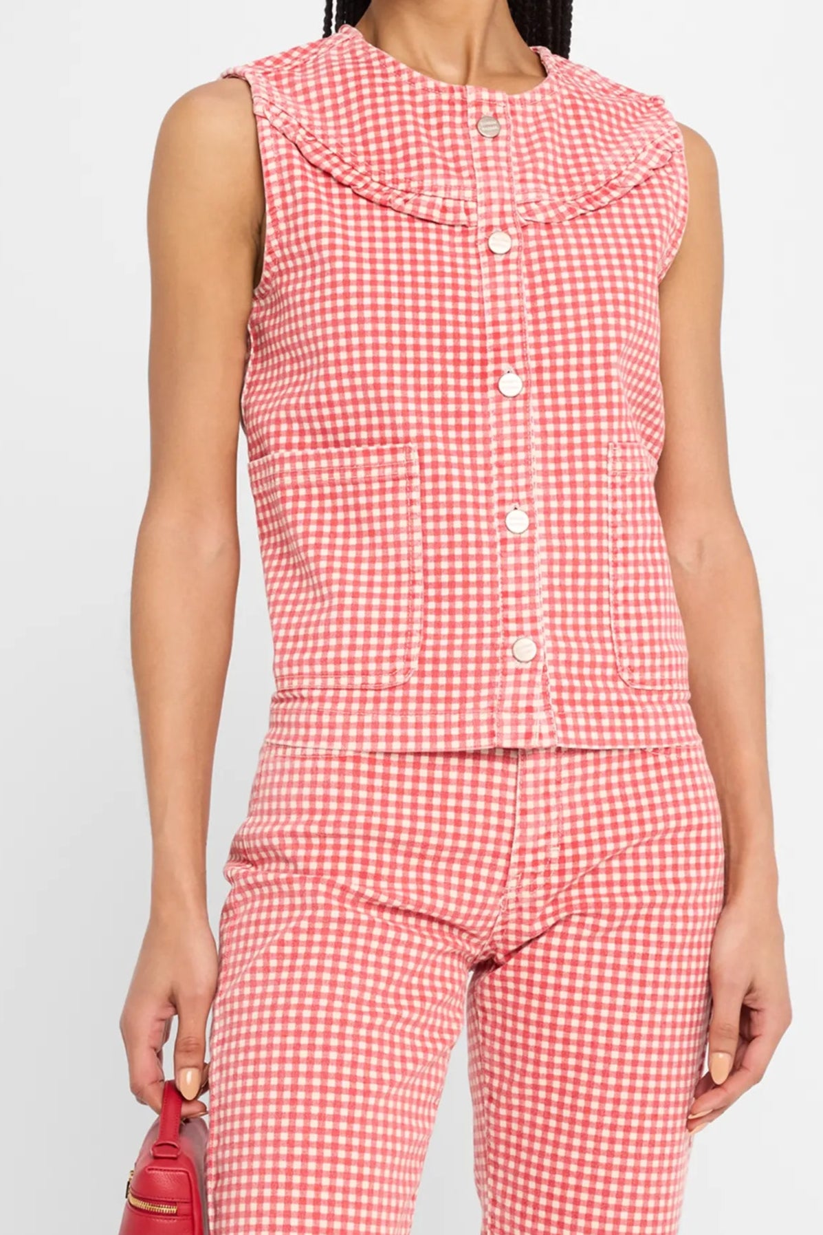 Cute Pink Plaid Sleeveless Suit