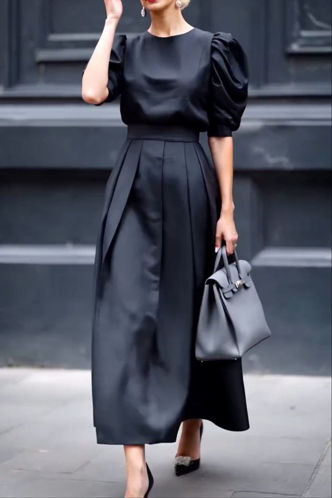 Pure Black Puff Sleeve Dress