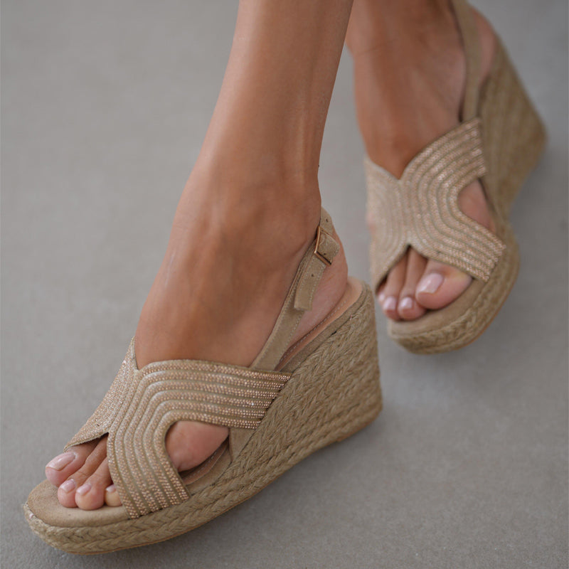 Rhinestone Sparkle Straw Wedge Sandals