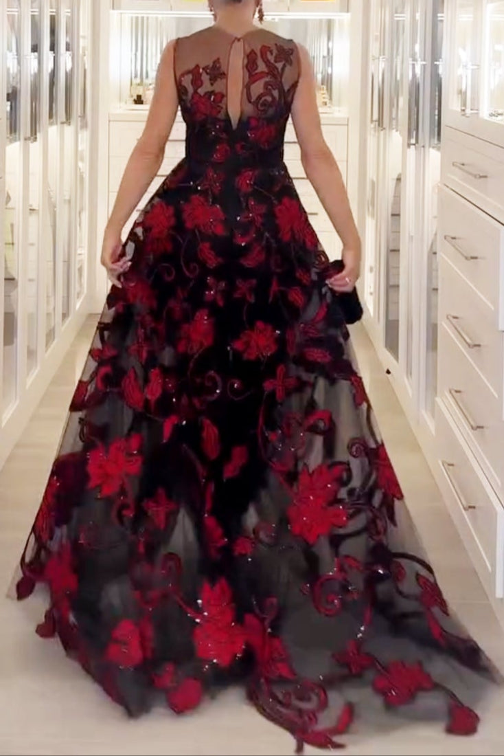 Black & Red Floral Embroidered Gown