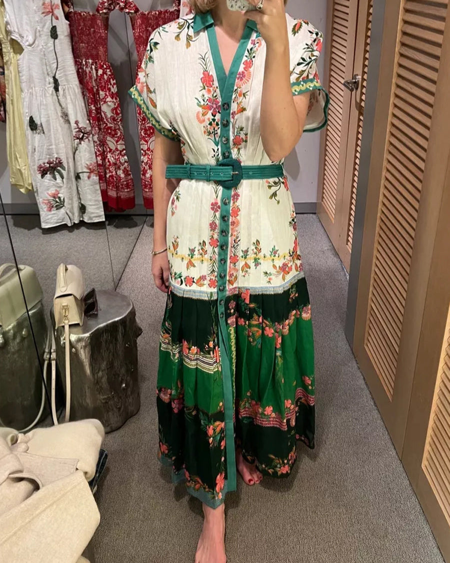 Floral Print Pintucked Waist Maxi Dress