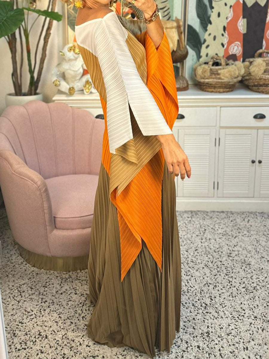 Irregular Color Block Pleated Two Pieces Set