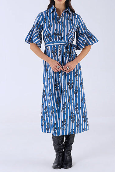 Blue And White Striped Black Printed Shirt Long Dress