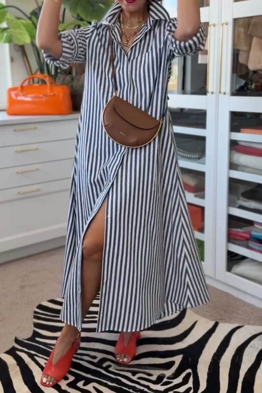 Navy Blue Striped Collar Shirt Dress