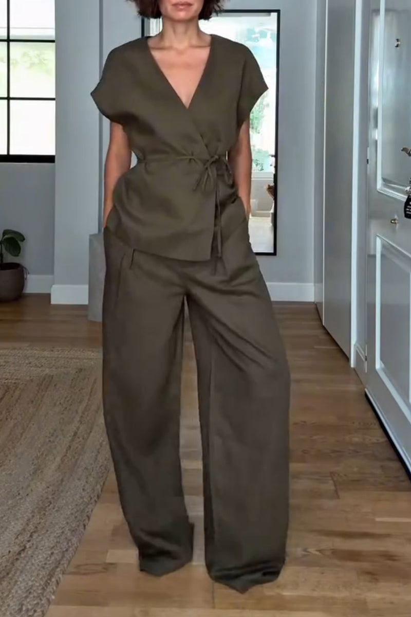 Sleeveless Vest Wide Leg Trousers Suit, Gray-green
