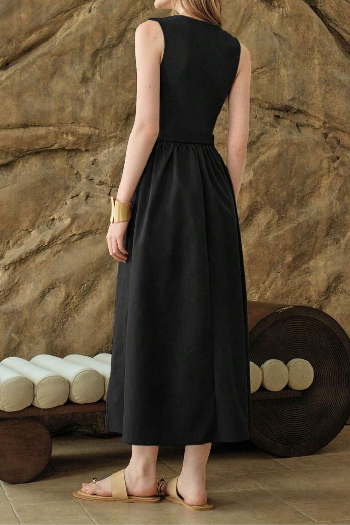 Sleeveless Square Collar Waist A- Shaped Asymmetric Stitching Dress