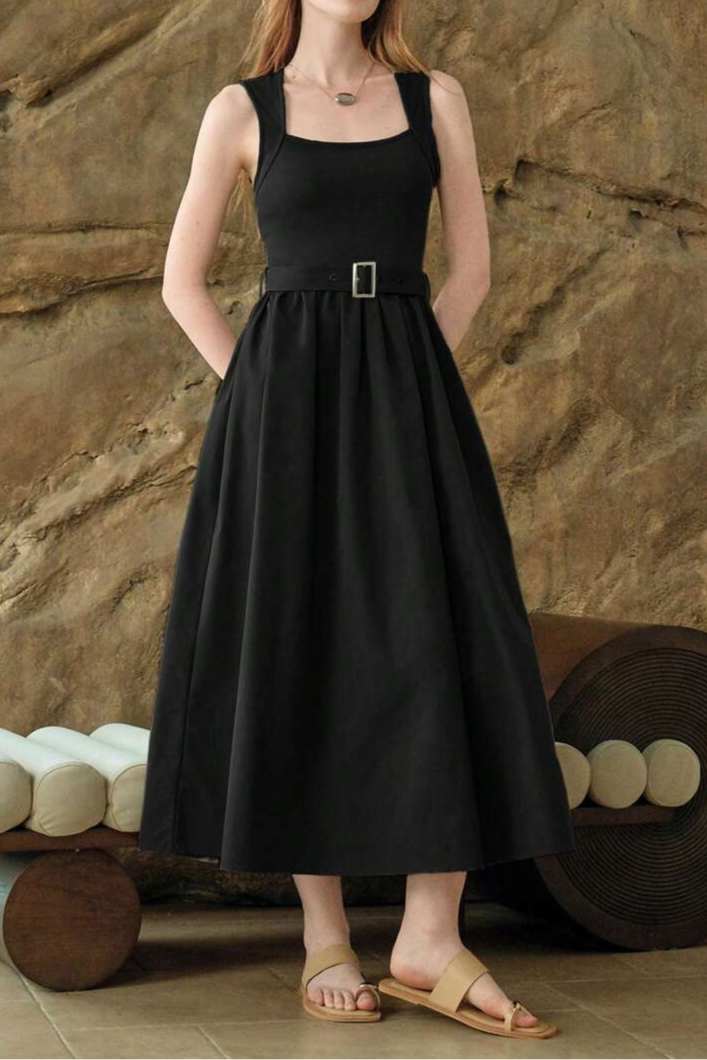 Sleeveless Square Collar Waist A- Shaped Asymmetric Stitching Dress