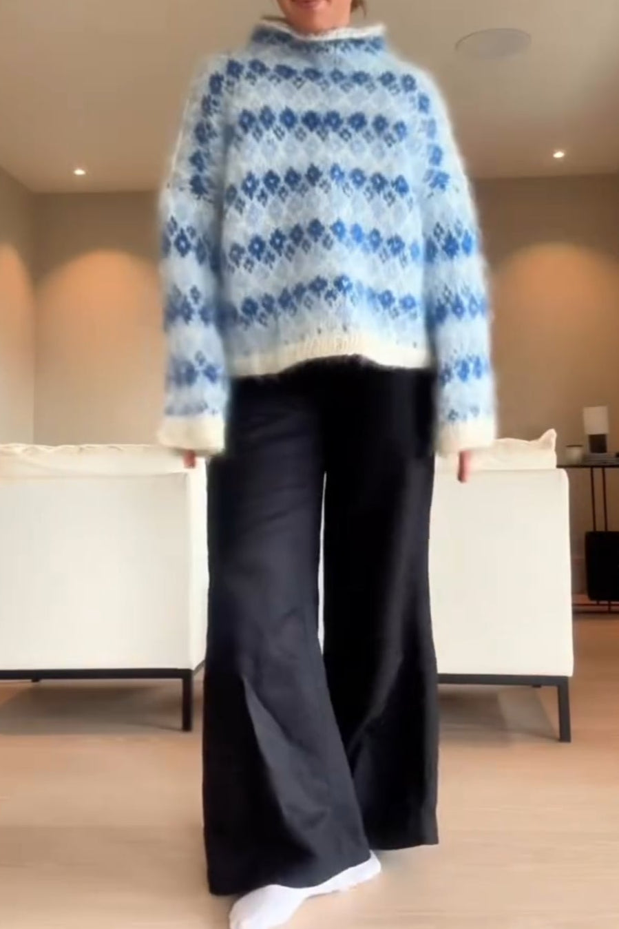 Blue And White Diamond Textured Sweater