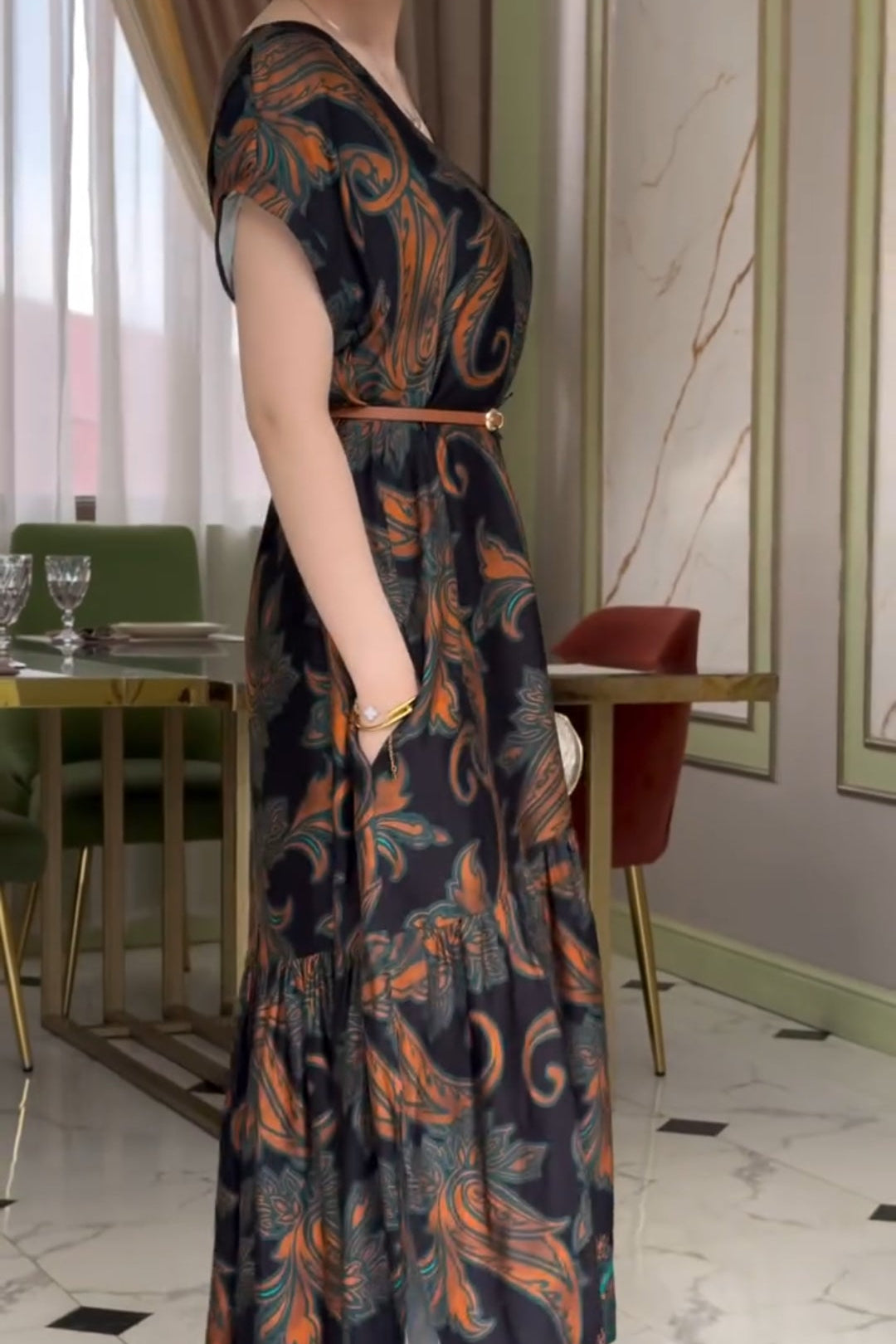 Brown-Black Printed Split Skirt