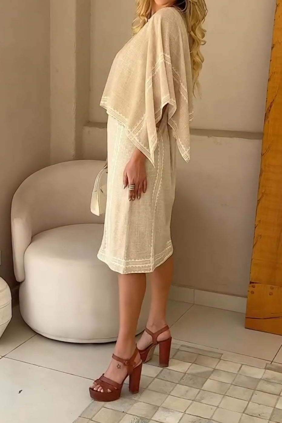 Beige Laminated Shawl Cardigan Dress Two-Piece Set