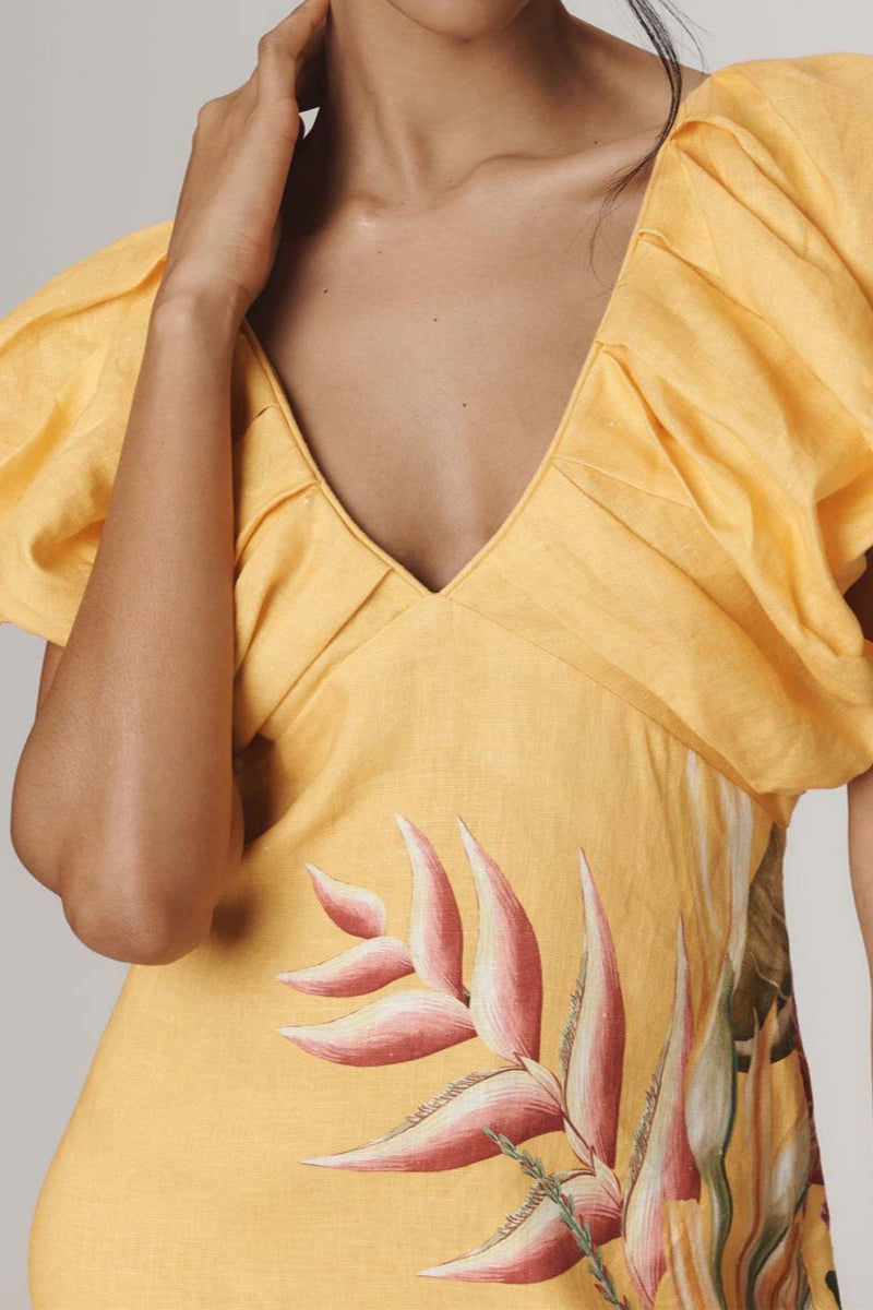 Printed V-neck Short Bubble Sleeve Dress