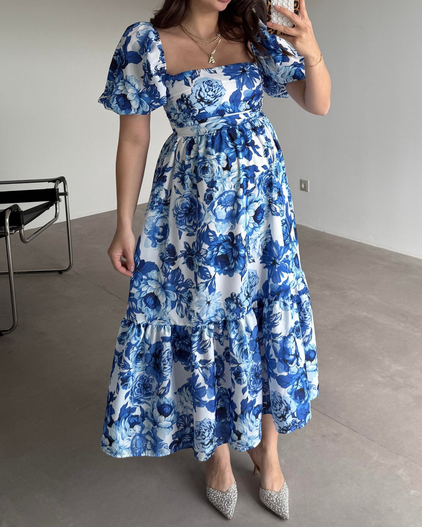 Blue Floral Square Neck Dress