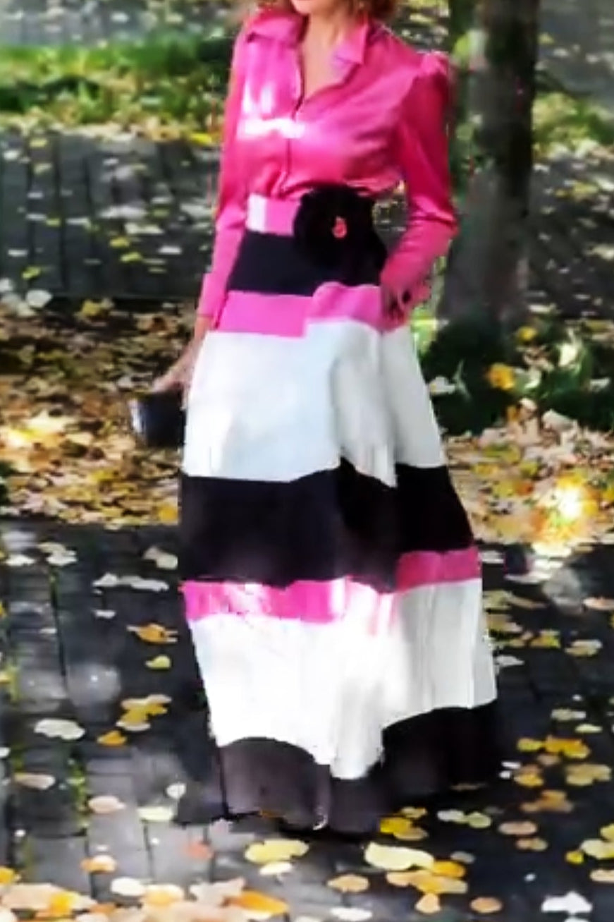 Fuchsia Shirt And Striped Skirt Suit