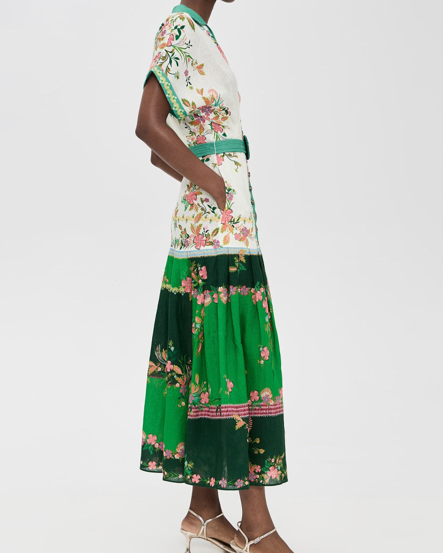 Floral Print Pintucked Waist Maxi Dress
