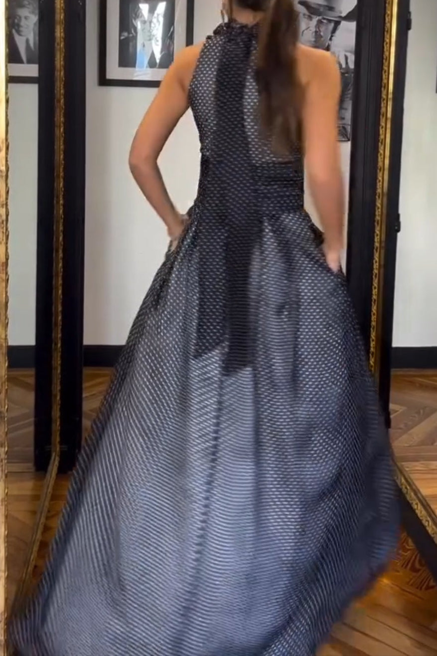 Sleeveless Black-background White-dot Maxi Dress